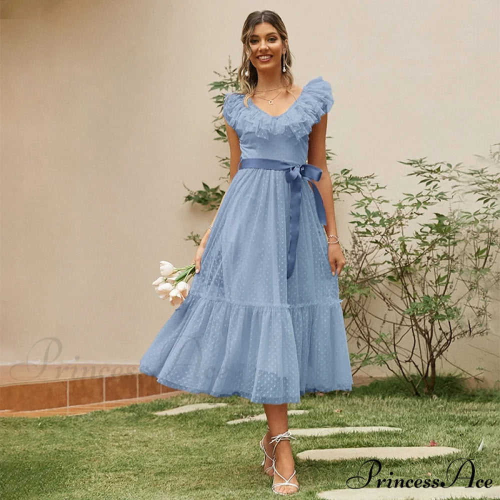 Sash Polka - Backless Mesh Party Full-Length Ruffle Sleeveless Dot Elegant - Tulle Warm-Season Pink V-neck Gown Vestido