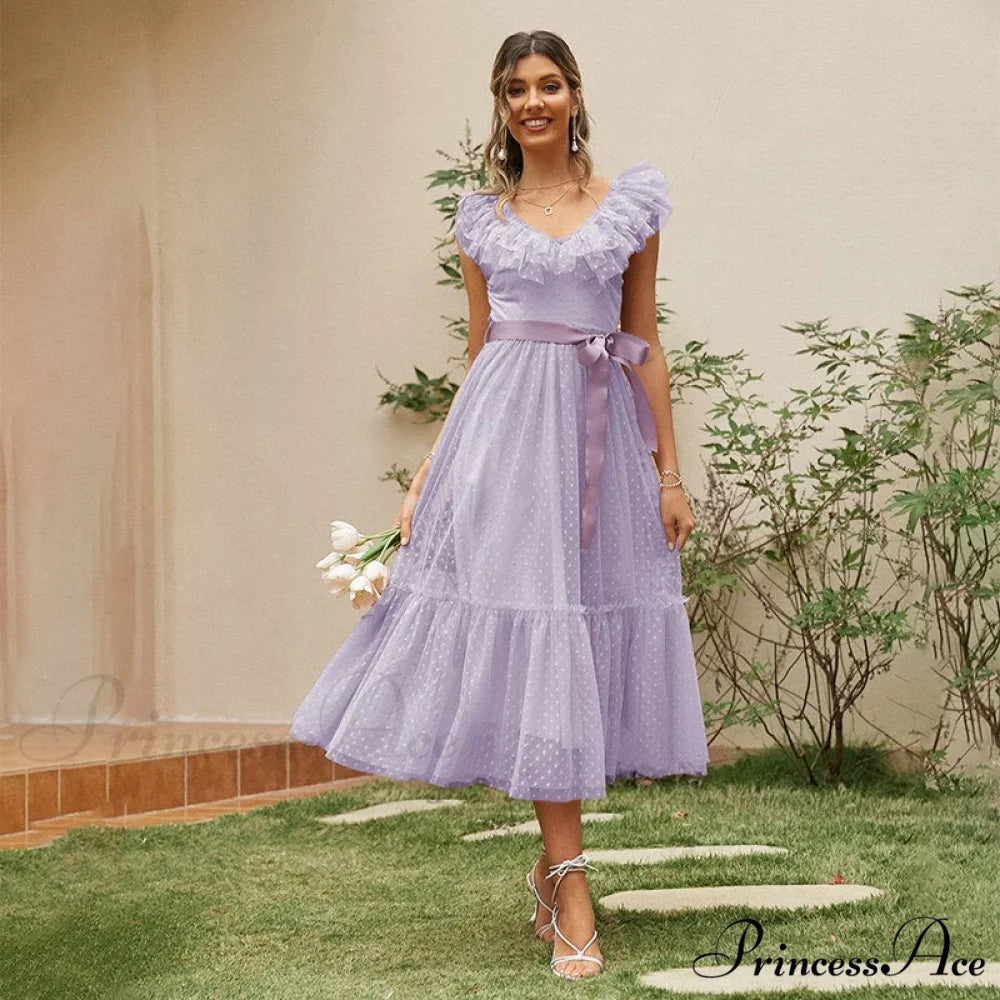 Sash Polka - Backless Mesh Party Full-Length Ruffle Sleeveless Dot Elegant - Tulle Warm-Season Pink V-neck Gown Vestido