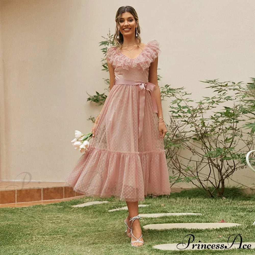 Sash Polka - Backless Mesh Party Full-Length Ruffle Sleeveless Dot Elegant - Tulle Warm-Season Pink V-neck Gown Vestido