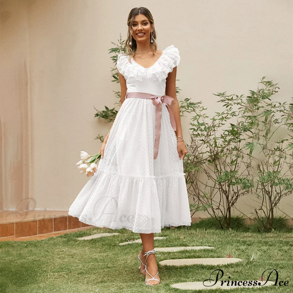 Sash Polka - Backless Mesh Party Full-Length Ruffle Sleeveless Dot Elegant - Tulle Warm-Season Pink V-neck Gown Vestido