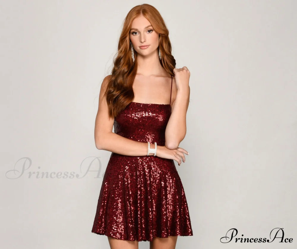 Sassy In Stylish Sequins Skater Dress BURGUNDY / XS