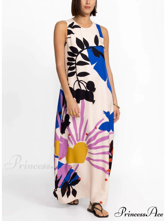 Satin Art Floral Charming Print Maxi Dress Cream / S
