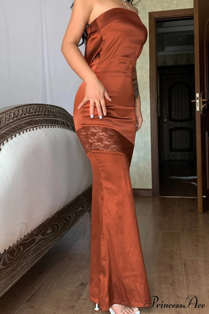 Satin Backless Lace Patchwork Strapless Dress Brown / S