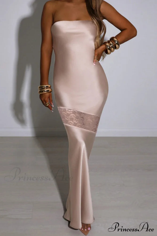 Satin Backless Lace Patchwork Strapless Dress Pink / L