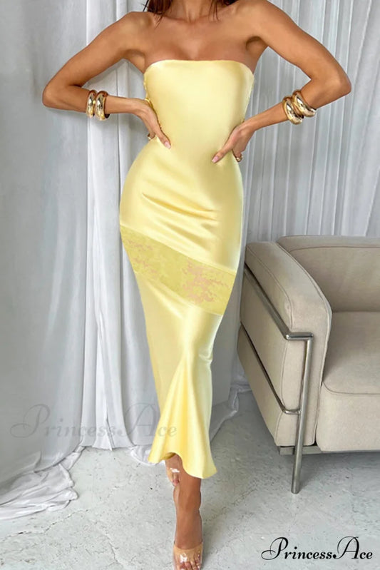 Satin Backless Lace Patchwork Strapless Dress Yellow / S