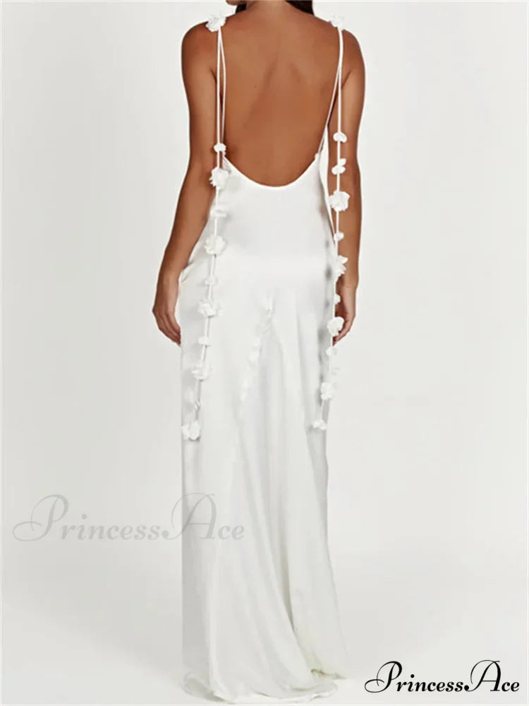 Satin Backless Spaghetti Strap for Women Sexy Backless 3D Flower Tassels Party Cocktail Y2K Vestidos WHITE / S