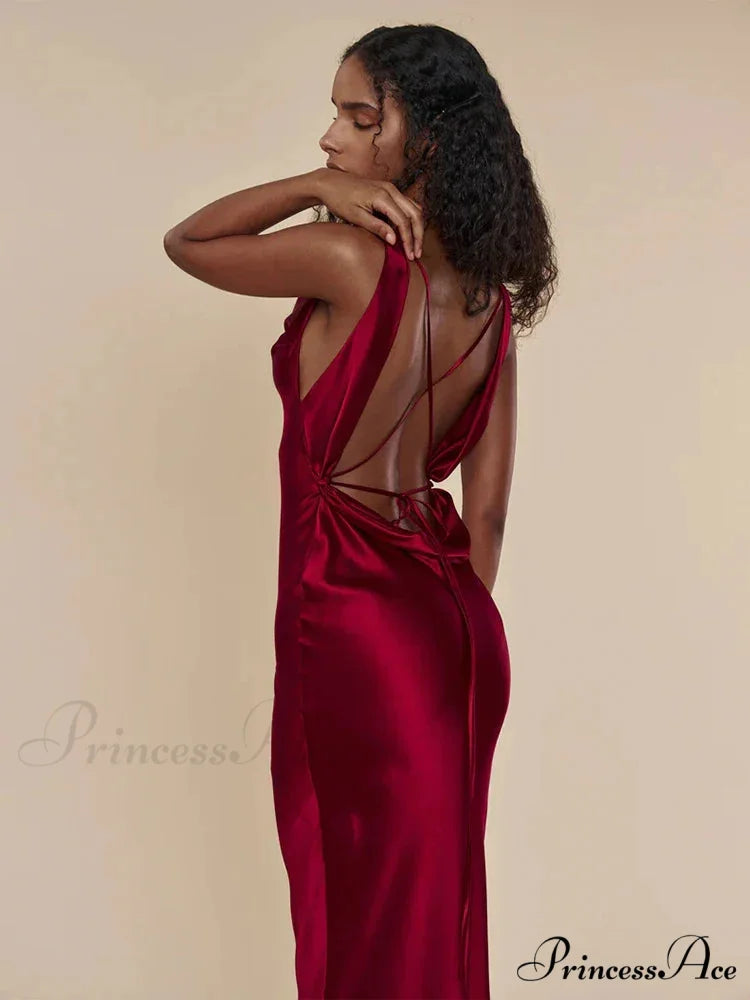 Satin Backless Tie Charming Up Maxi Dress
