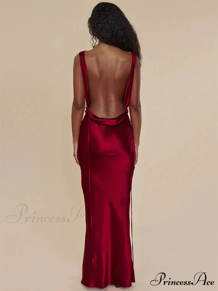 Satin Backless Tie Charming Up Maxi Dress