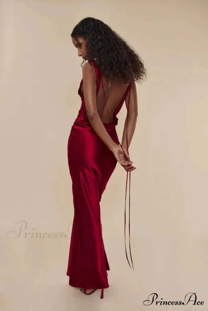 Satin Backless Tie Charming Up Maxi Dress
