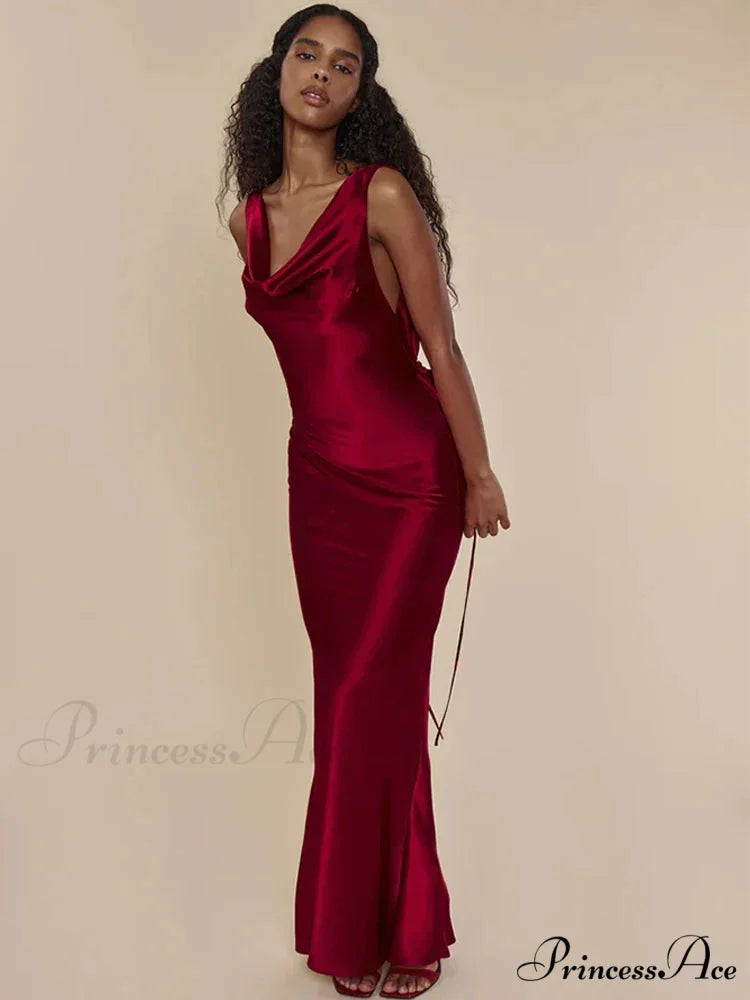 Satin Backless Tie Charming Up Maxi Dress