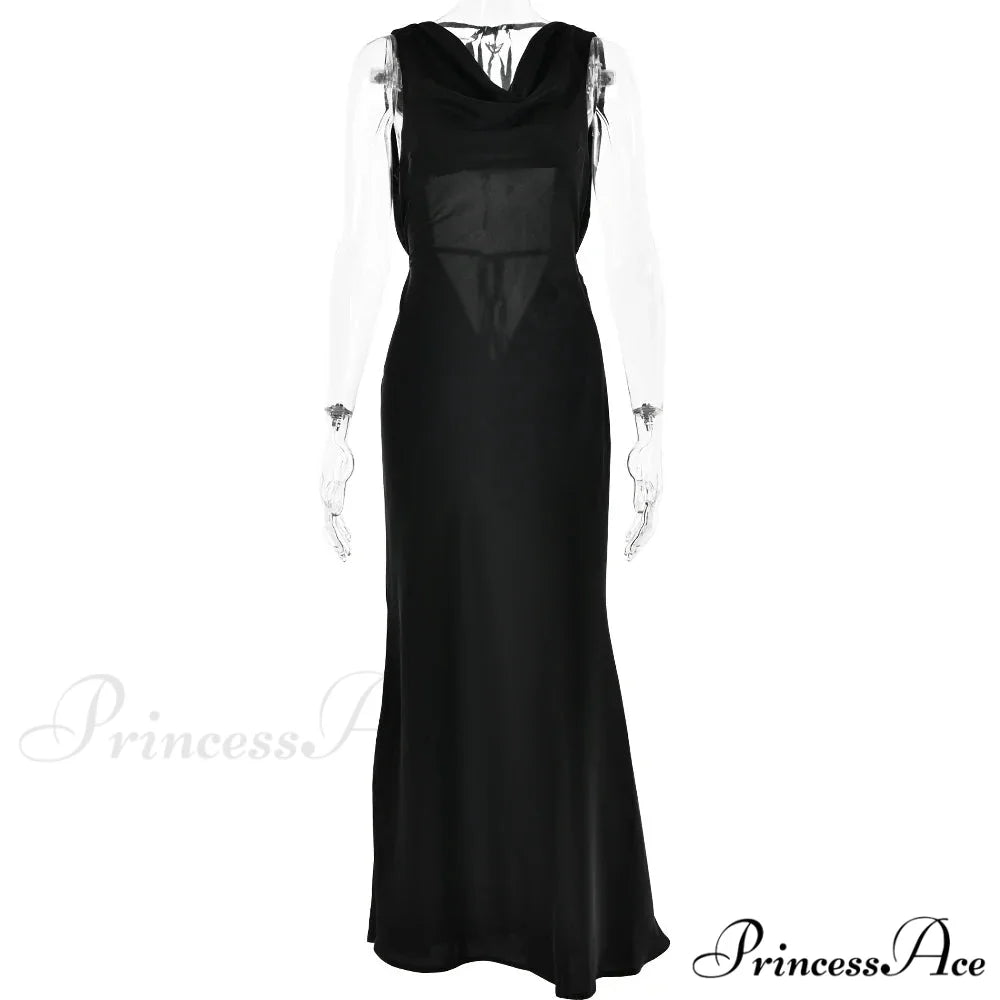 Satin Backless Tie Charming Up Maxi Dress Black / S