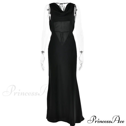 Satin Backless Tie Charming Up Maxi Dress Black / S