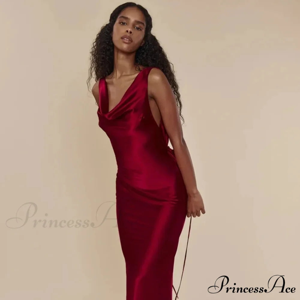 Satin Backless Tie Charming Up Maxi Dress Red / S