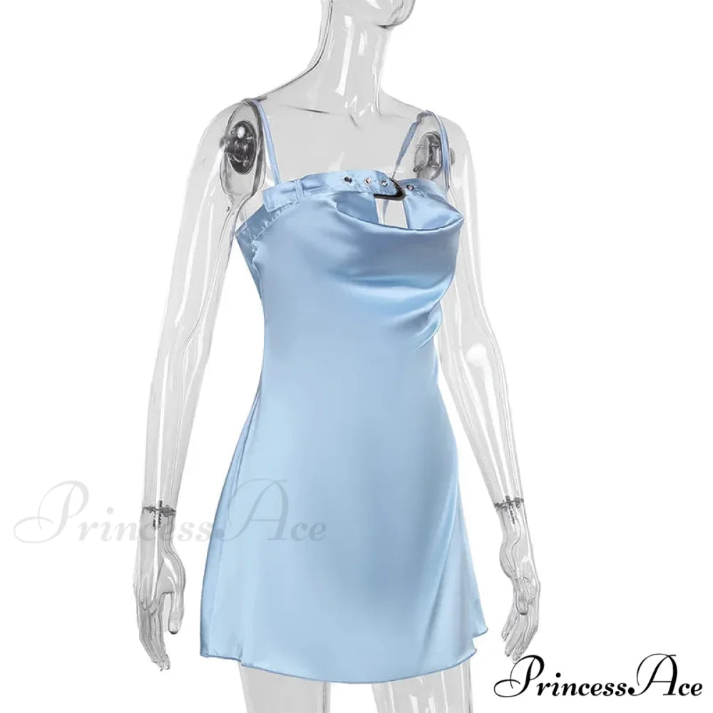 Satin Belted Hollow Cowl Graceful Neck Slip Mini Dress