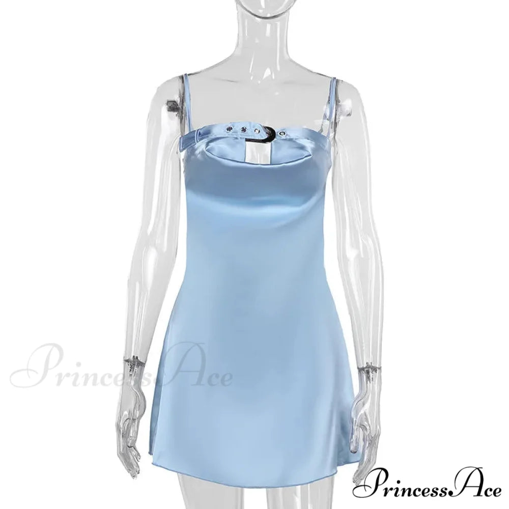 Satin Belted Hollow Cowl Graceful Neck Slip Mini Dress
