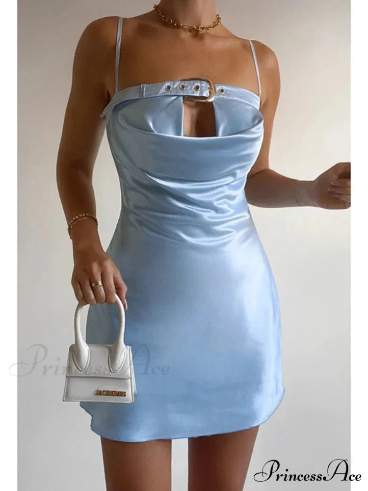 Satin Belted Hollow Cowl Graceful Neck Slip Mini Dress Blue / L
