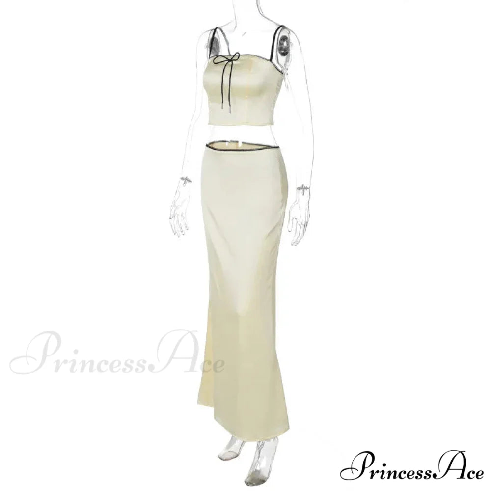 Satin Bow Cami Crop Graceful Top And Maxi Skirt Set