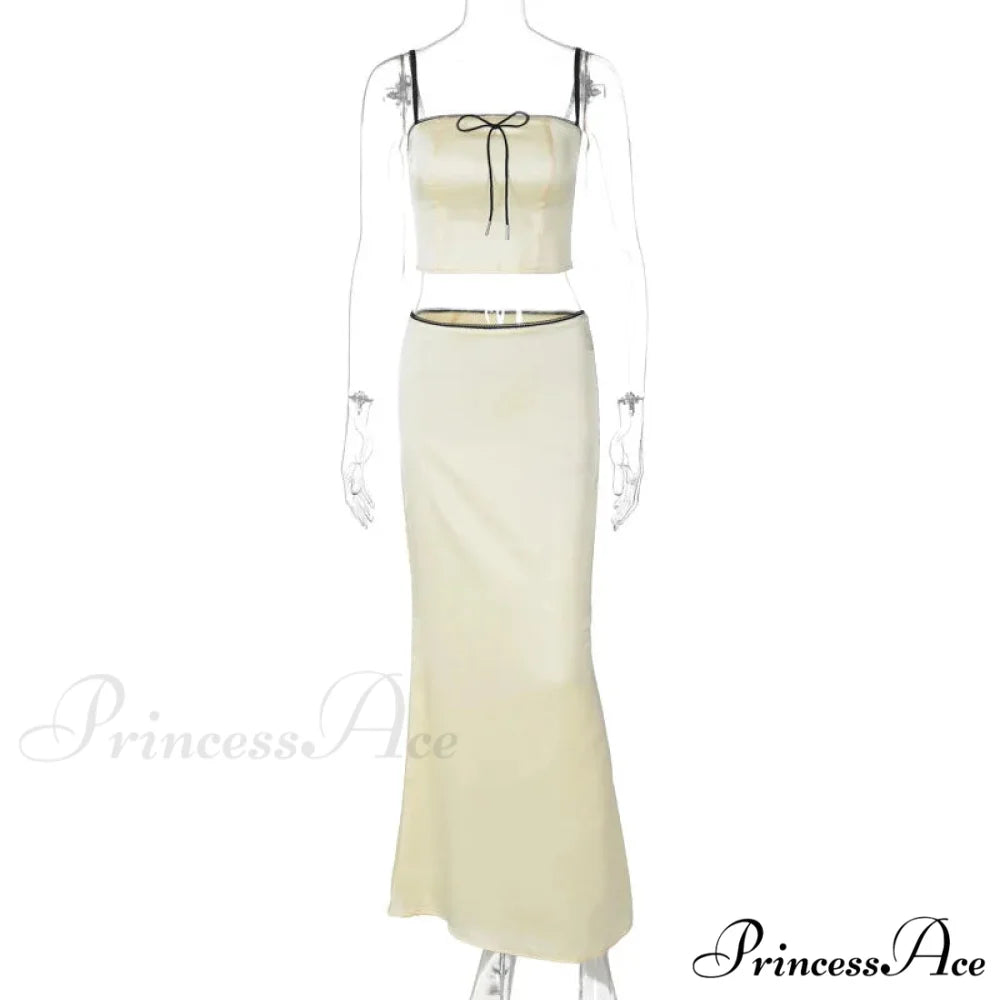 Satin Bow Cami Crop Graceful Top And Maxi Skirt Set