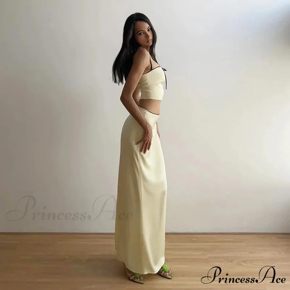 Satin Bow Cami Crop Graceful Top And Maxi Skirt Set