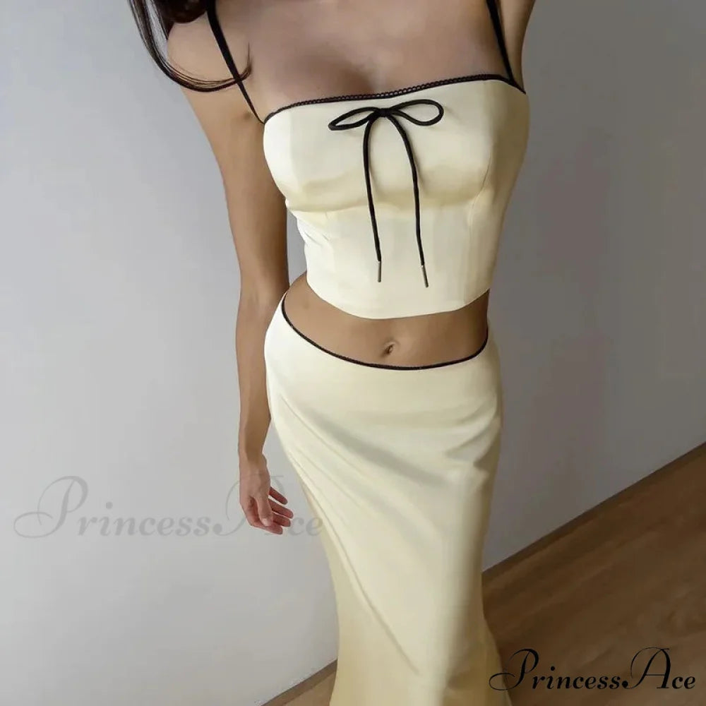 Satin Bow Cami Crop Graceful Top And Maxi Skirt Set apricot / M