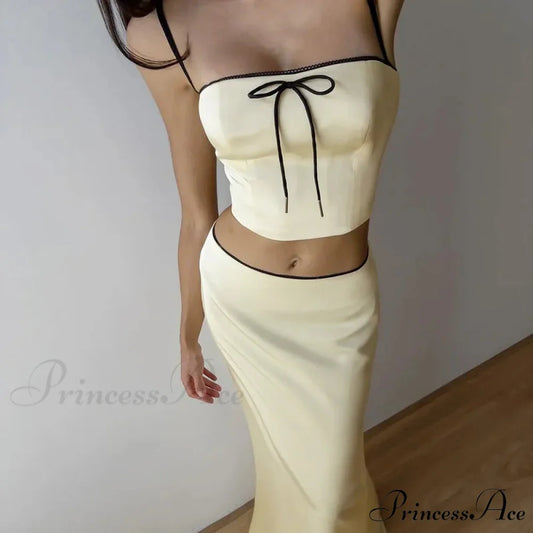 Satin Bow Cami Crop Graceful Top And Maxi Skirt Set apricot / M