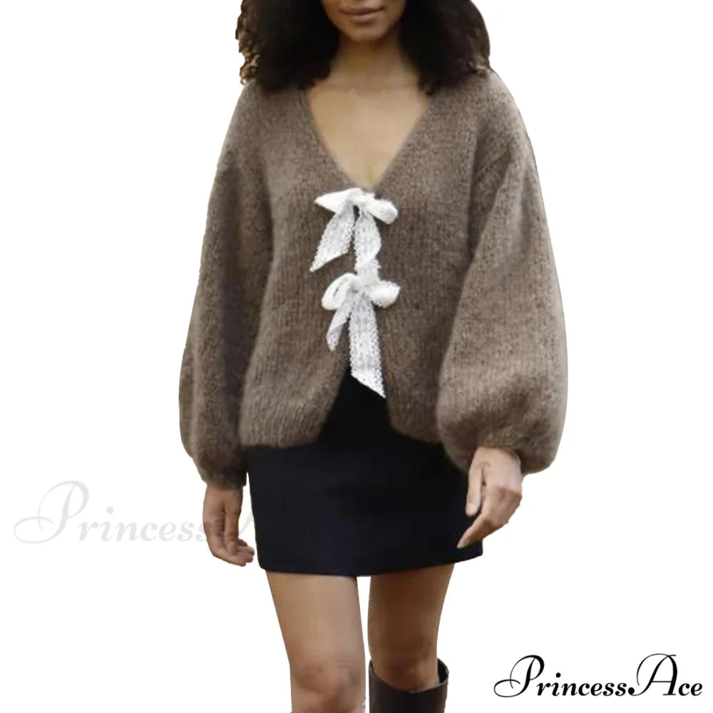 Satin Bow Tied V-neck Cardigan Khaki / S