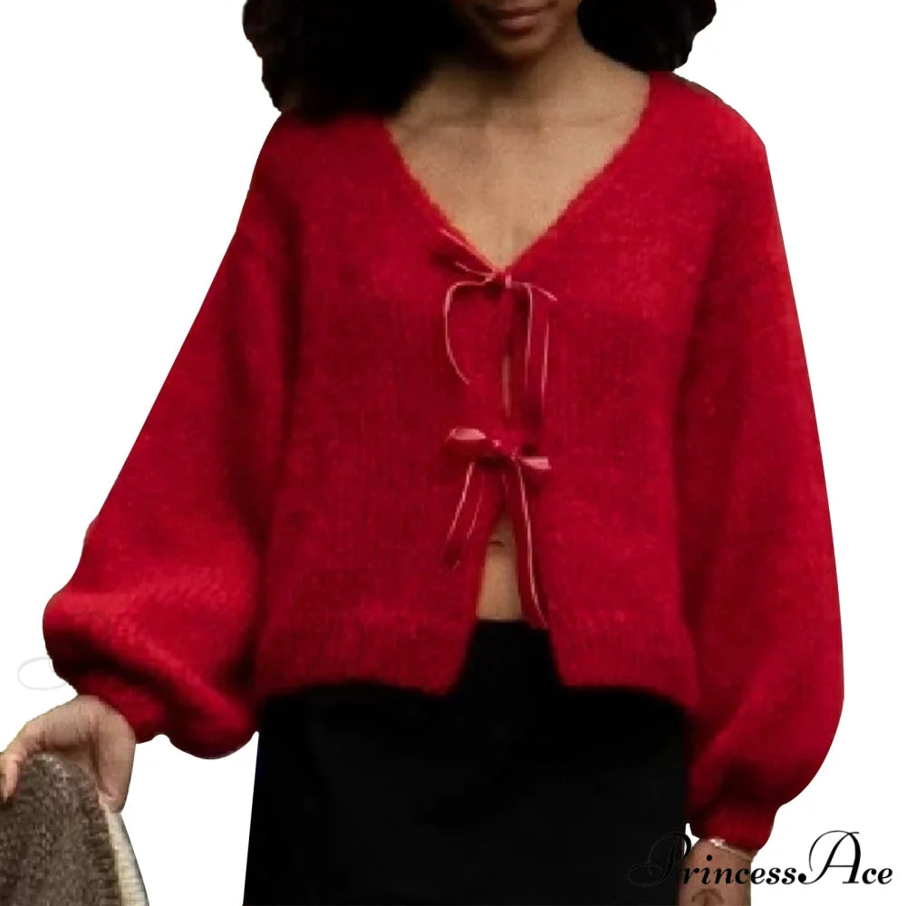 Satin Bow Tied V-neck Cardigan Red / S