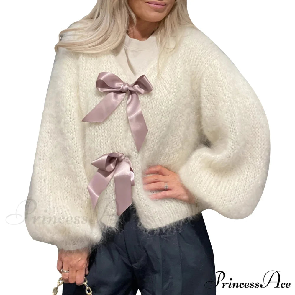 Satin Bow Tied V-neck Cardigan WHITE / S