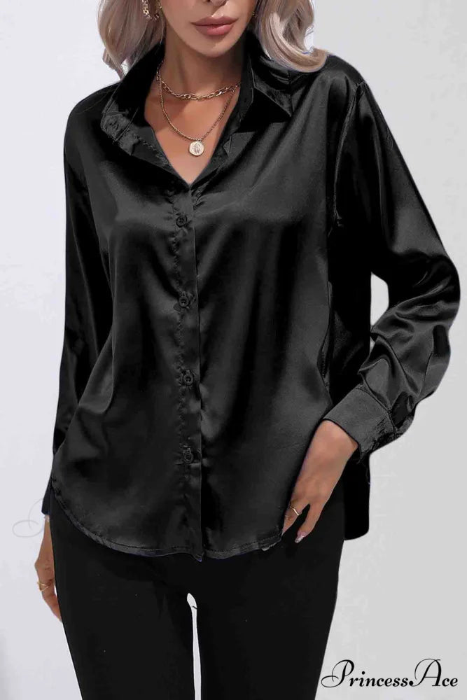 Satin Button Up Blouse with Lapel Black / L