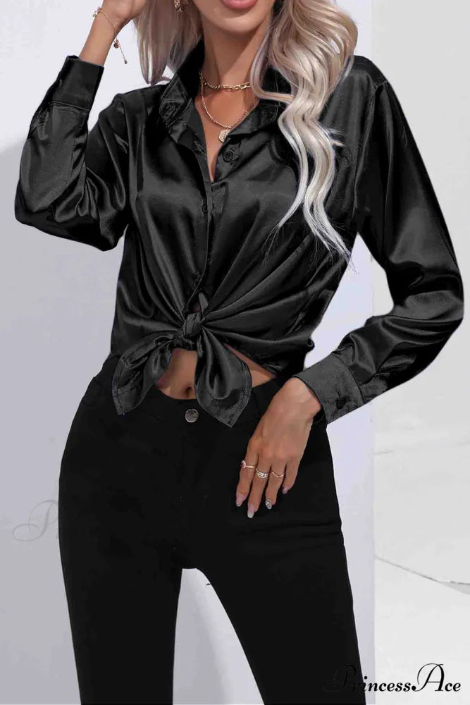 Satin Button Up Blouse with Lapel Black / M