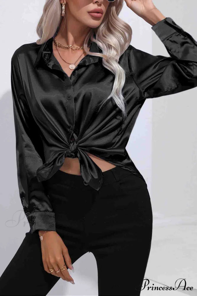 Satin Button Up Blouse with Lapel Black / S