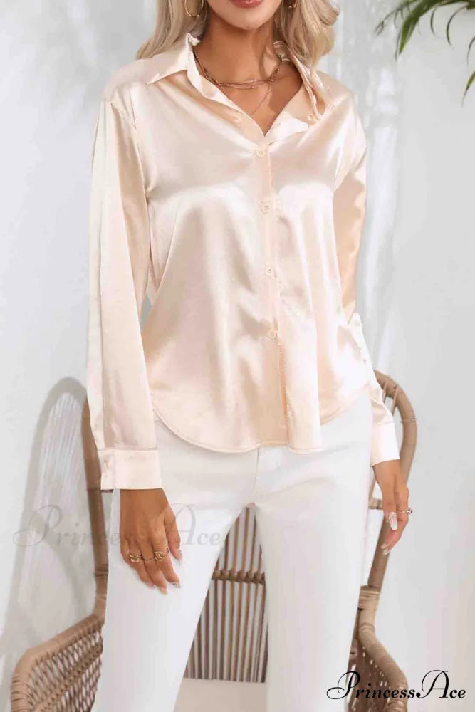 Satin Button Up Blouse with Lapel Champagne / L