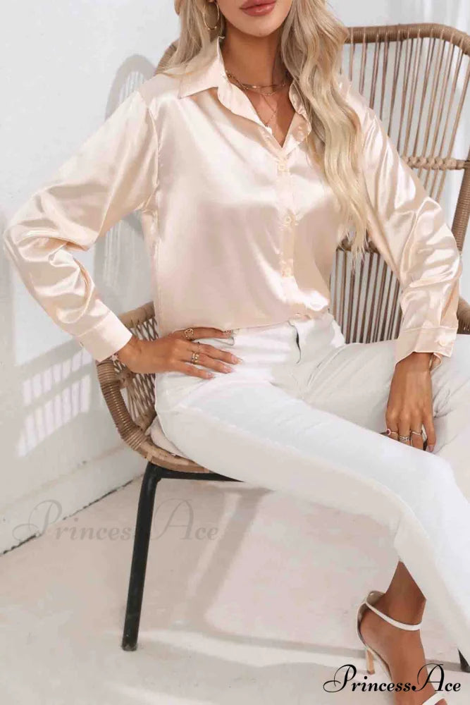 Satin Button Up Blouse with Lapel Champagne / M