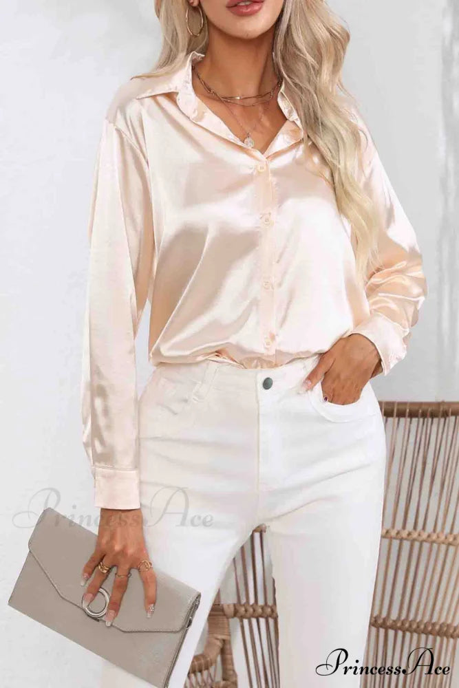 Satin Button Up Blouse with Lapel Champagne / S