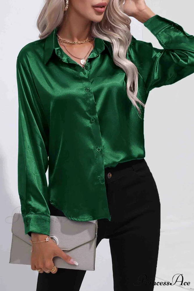 Satin Button Up Blouse with Lapel Dark Green / L