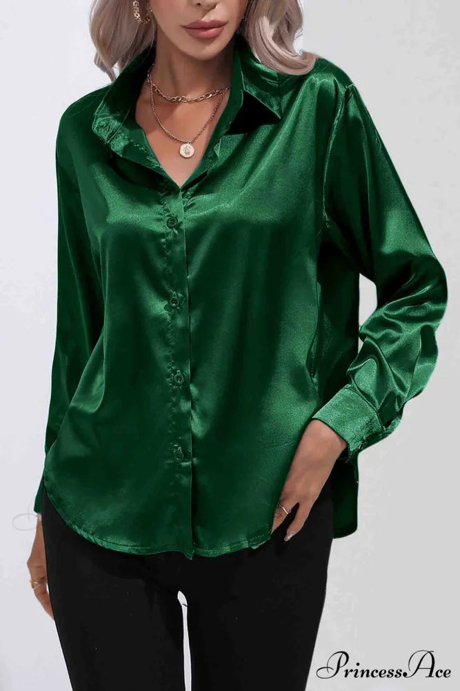 Satin Button Up Blouse with Lapel Dark Green / XL