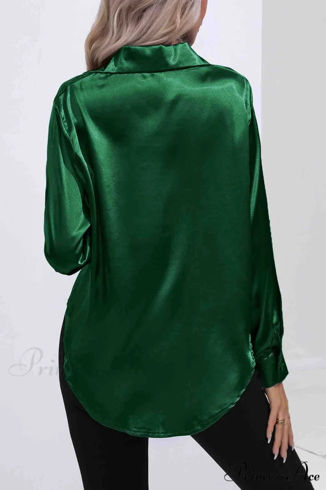 Satin Button Up Blouse with Lapel Dark Green / XXL