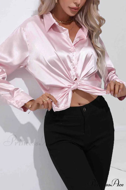 Satin Button Up Blouse with Lapel Pink / M