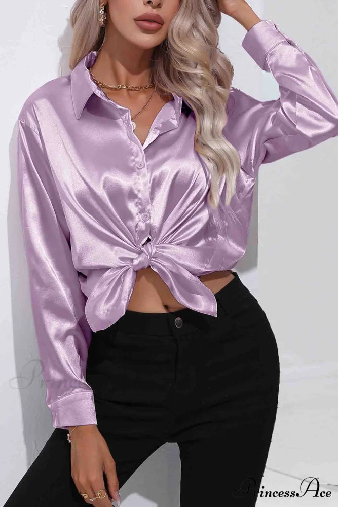 Satin Button Up Blouse with Lapel Purple / L