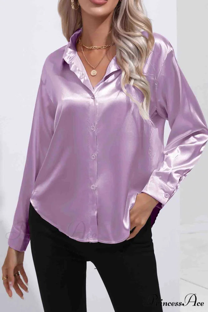 Satin Button Up Blouse with Lapel Purple / M