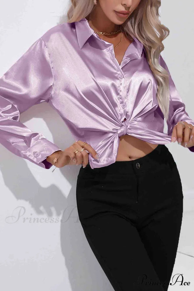 Satin Button Up Blouse with Lapel Purple / S