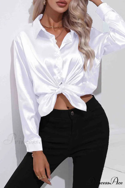 Satin Button Up Blouse with Lapel White / M
