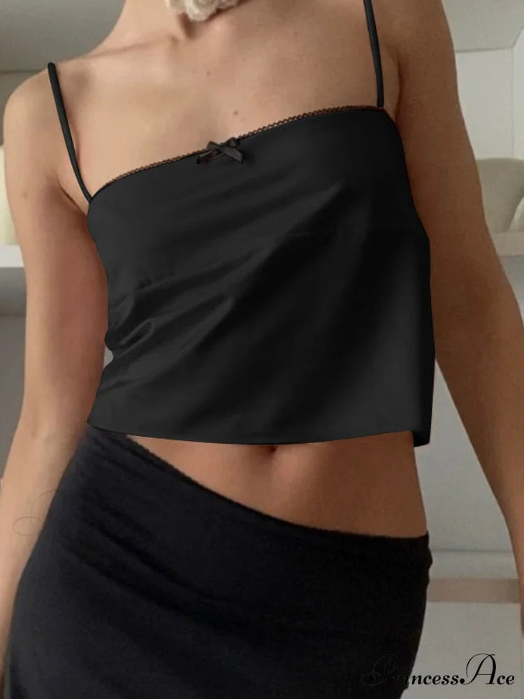 Satin Cami Bow Charming Backless Tie-Up Top Black / S