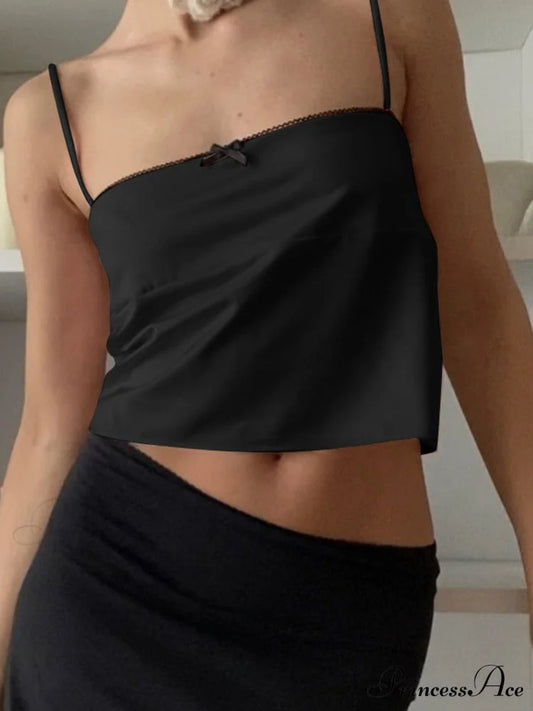 Satin Cami Bow Charming Backless Tie-Up Top Black / S