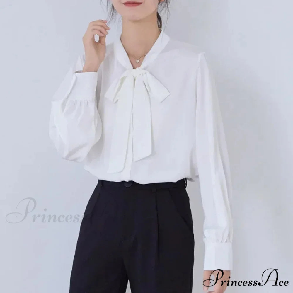 Satin Champagne Ribbon Long Sleeve Professional Woman Blouse blouse-250126