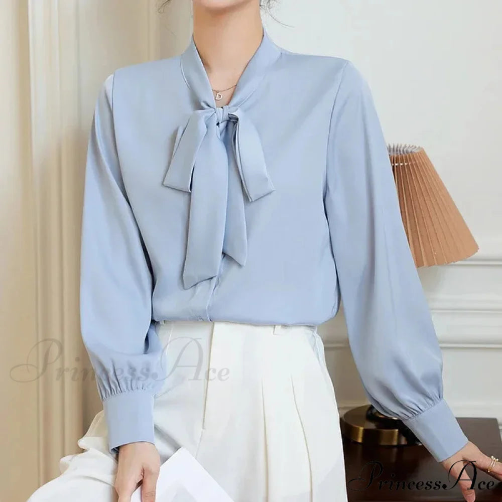 Satin Champagne Ribbon Long Sleeve Professional Woman Blouse blouse-250126