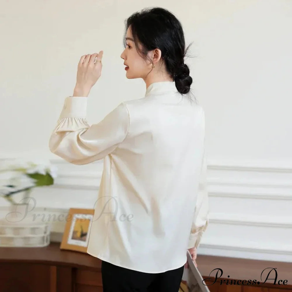 Satin Champagne Ribbon Long Sleeve Professional Woman Blouse blouse-250126