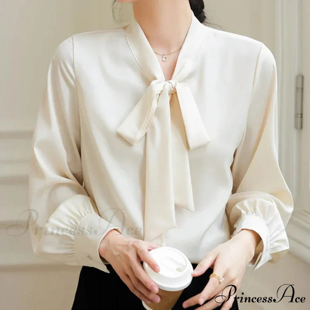 Satin Champagne Ribbon Long Sleeve Professional Woman Blouse blouse-250126