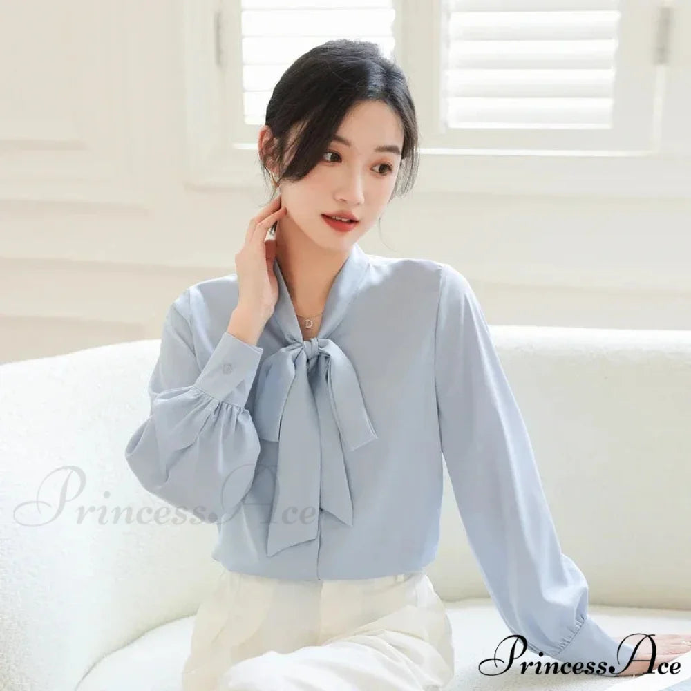 Satin Champagne Ribbon Long Sleeve Professional Woman Blouse Light Blue / S blouse-250126