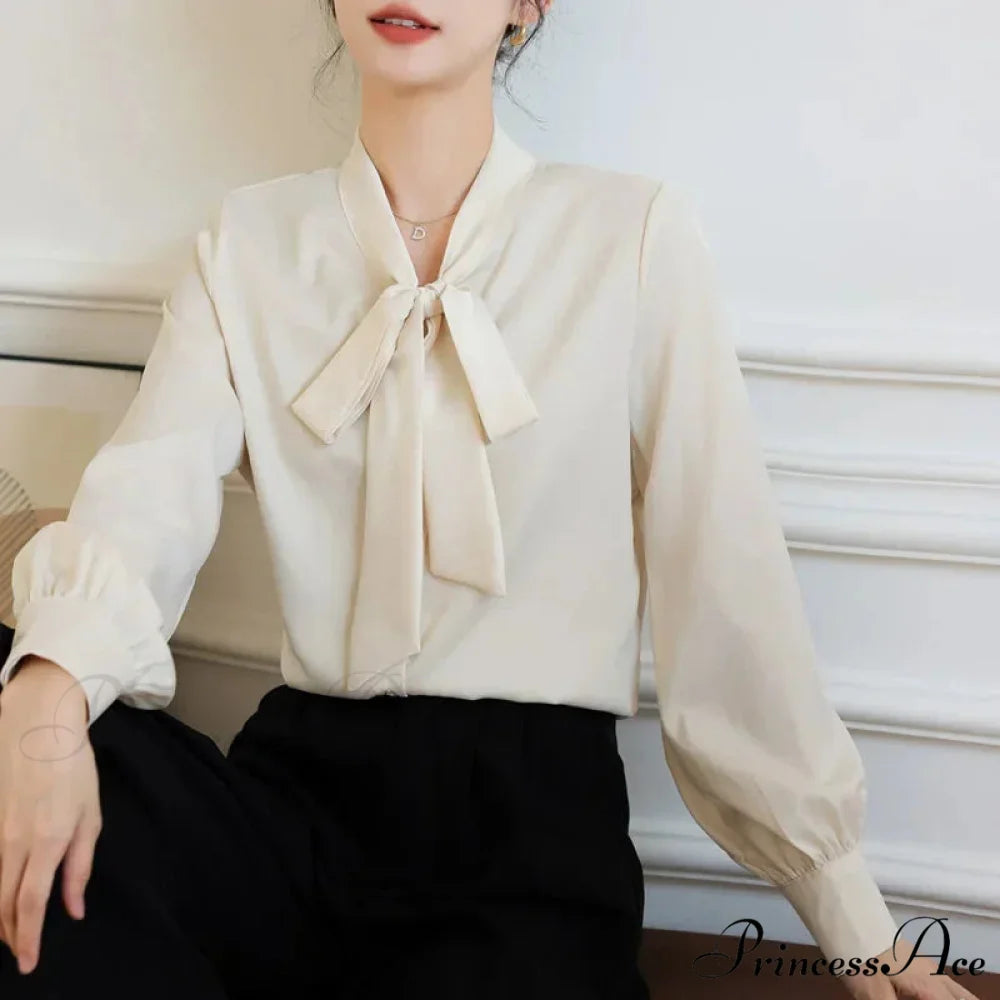 Satin Champagne Ribbon Long Sleeve Professional Woman Blouse Champagne / S blouse-250126